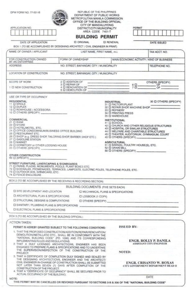 Building Permit Application Form in Mandaluyong City What does it look