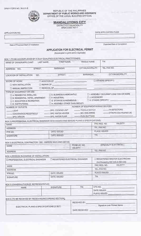 Mandaluyong City Electrical Permit Application Form and Checklist for